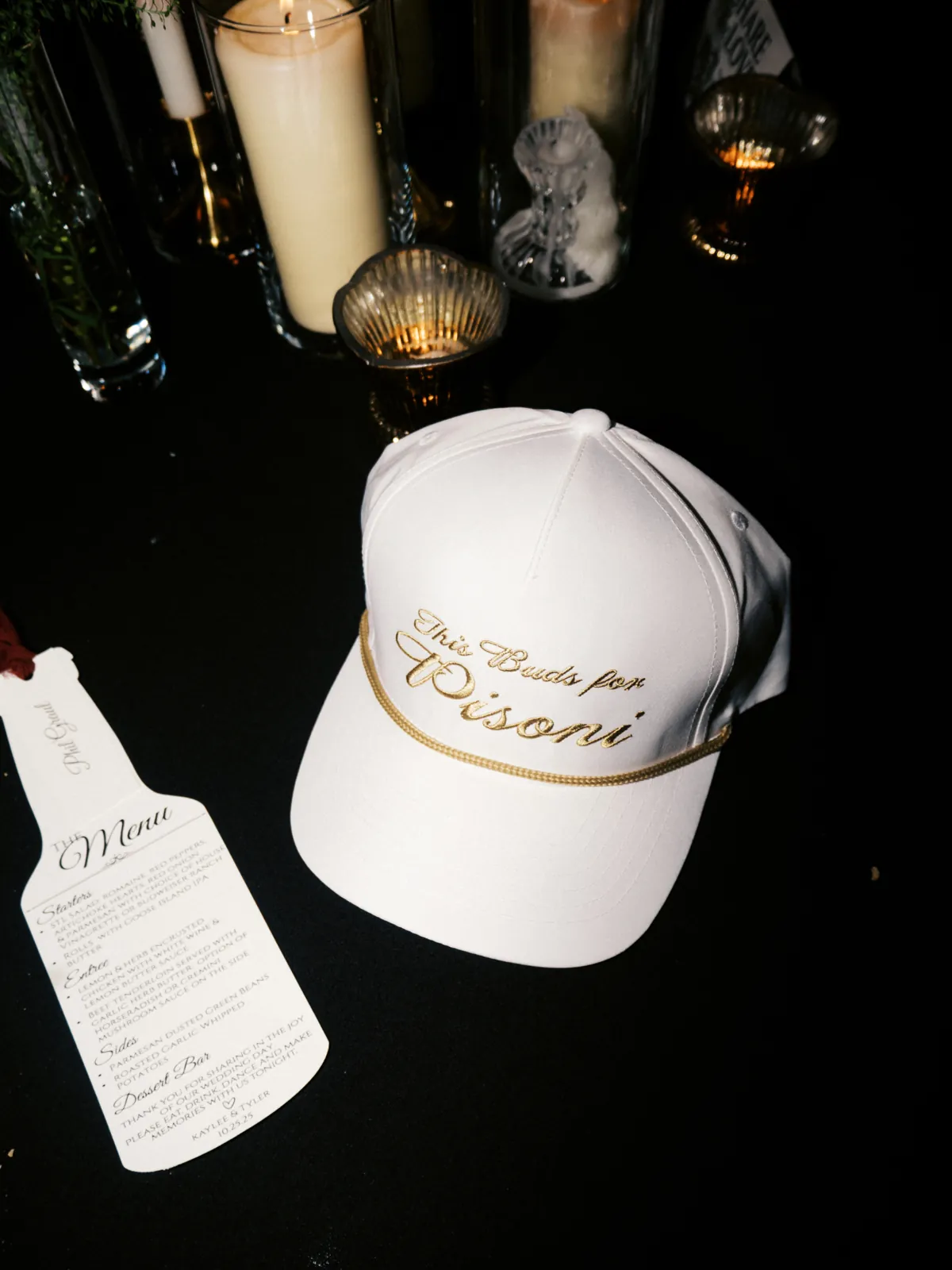White wedding reception hat with gold script front embroidery and rope detail
