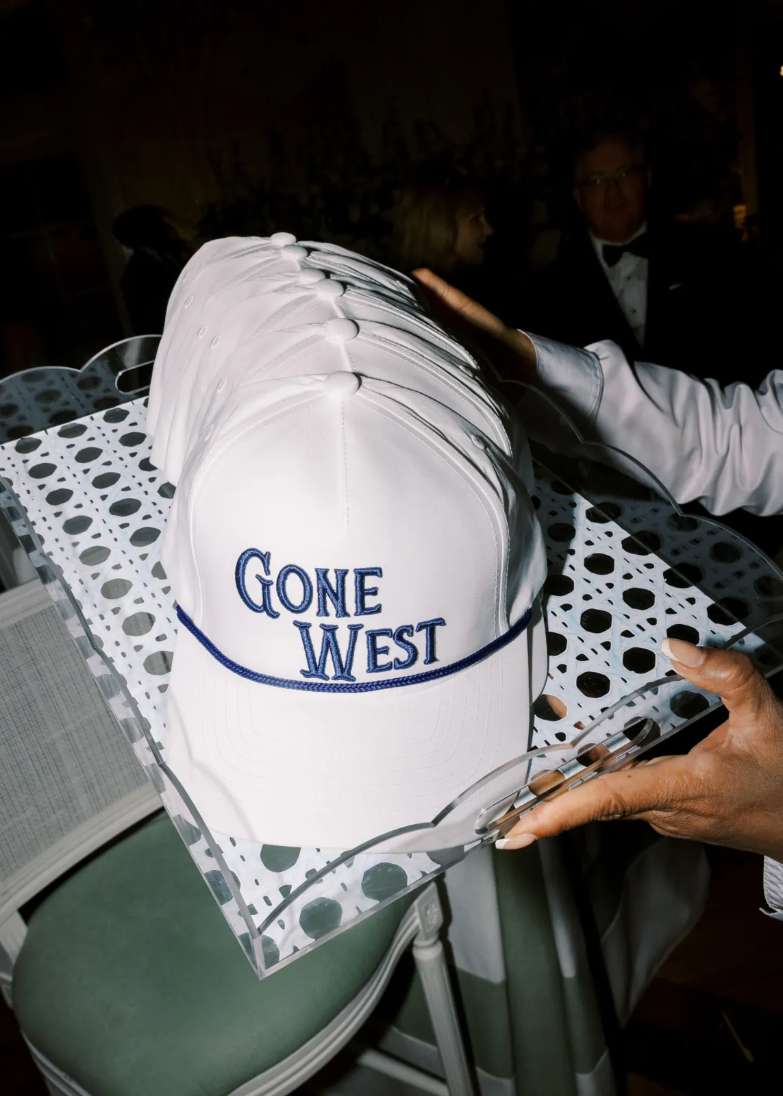 White wedding party hat with navy Gone West front embroidery and rope detail